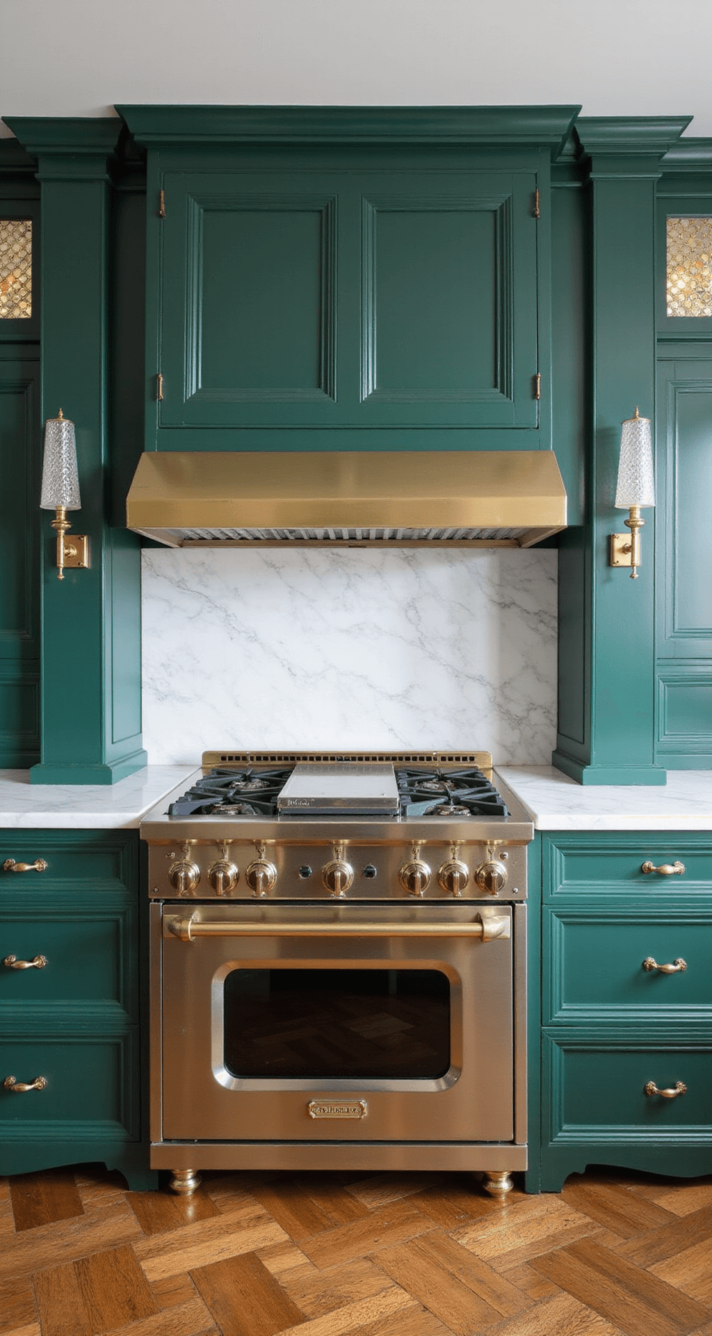 Sophisticated kitchen featuring hunter green high-gloss cabinets, crystal sconces, brass range hood, white marble backsplash extending to the ceiling, classic parquet flooring, and traditional inset cabinet doors with antique mirror accents, captured from an elevated perspective to highlight elegant proportions and luxurious finishes.