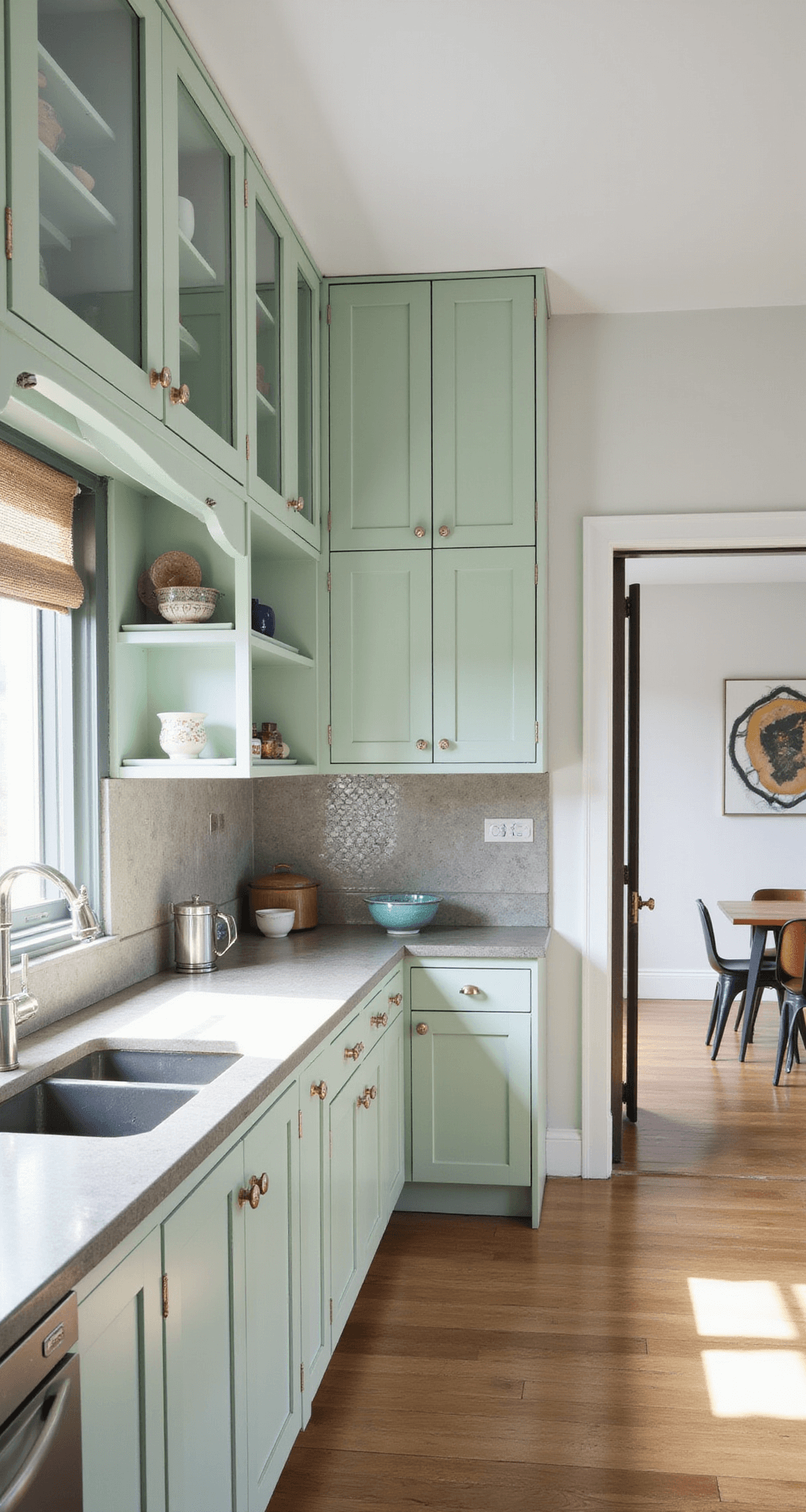 A bright, mint green kitchen featuring glass-front upper cabinets, a penny tile backsplash illuminated by morning sun, and concrete counters. Open shelving displays pottery, captured from an adjacent dining space, reflecting Scandinavian minimalist design with soft lighting.