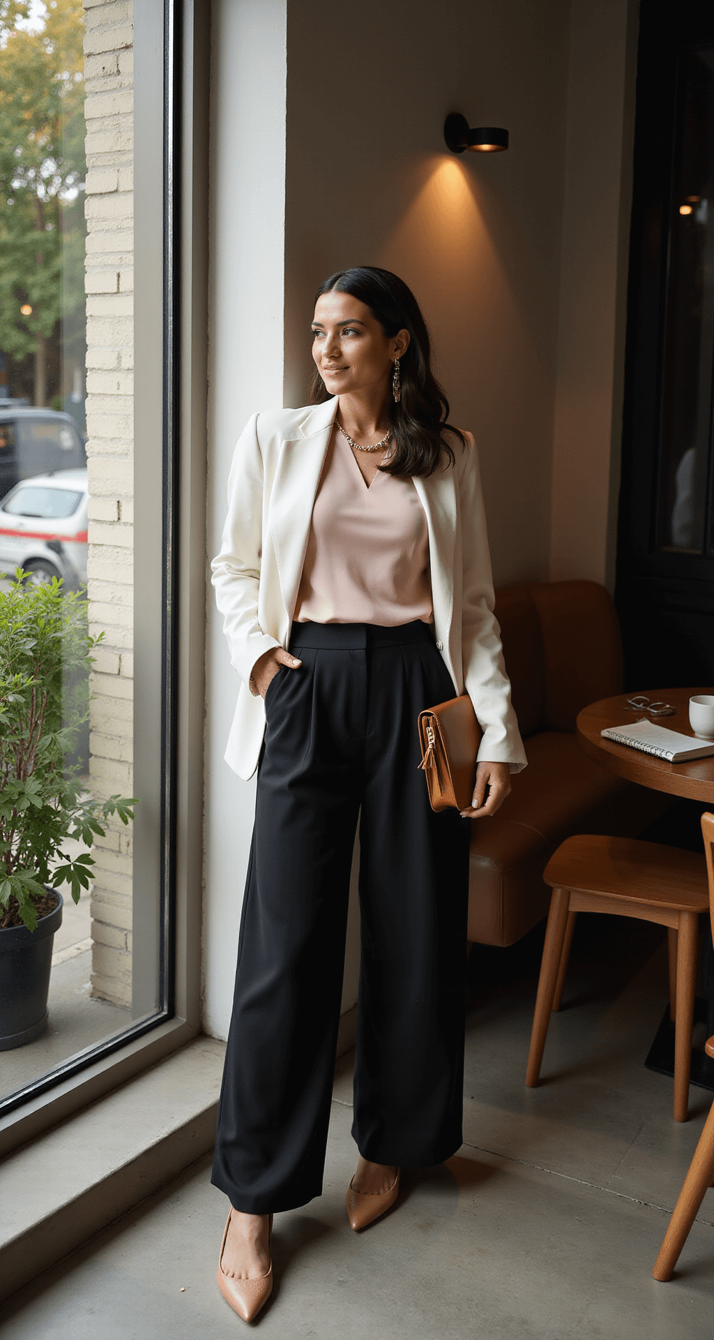 A business casual outfit featuring black palazzo pants, a pale pink sleeveless blouse, and an ivory blazer, set in a contemporary coffee shop corner with early morning light and dramatic shadows, accompanied by pointed toe flats, delicate gold jewelry, a leather laptop tote, a coffee cup, and an agenda, all captured through window glass.