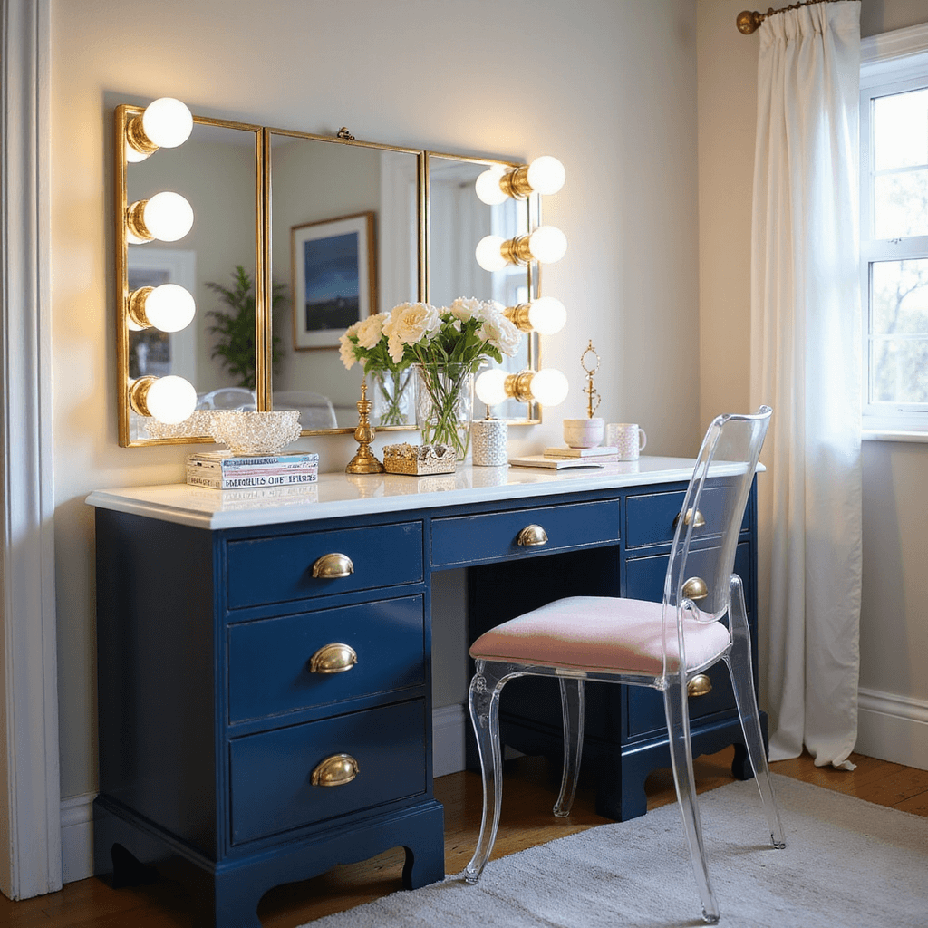 A modern glam vanity vignette featuring a high-gloss navy vintage dresser with brass hardware, illuminated triple-panel mirror, lucite chair with blush cushion, and crystal accessories, all bathed in soft morning light.