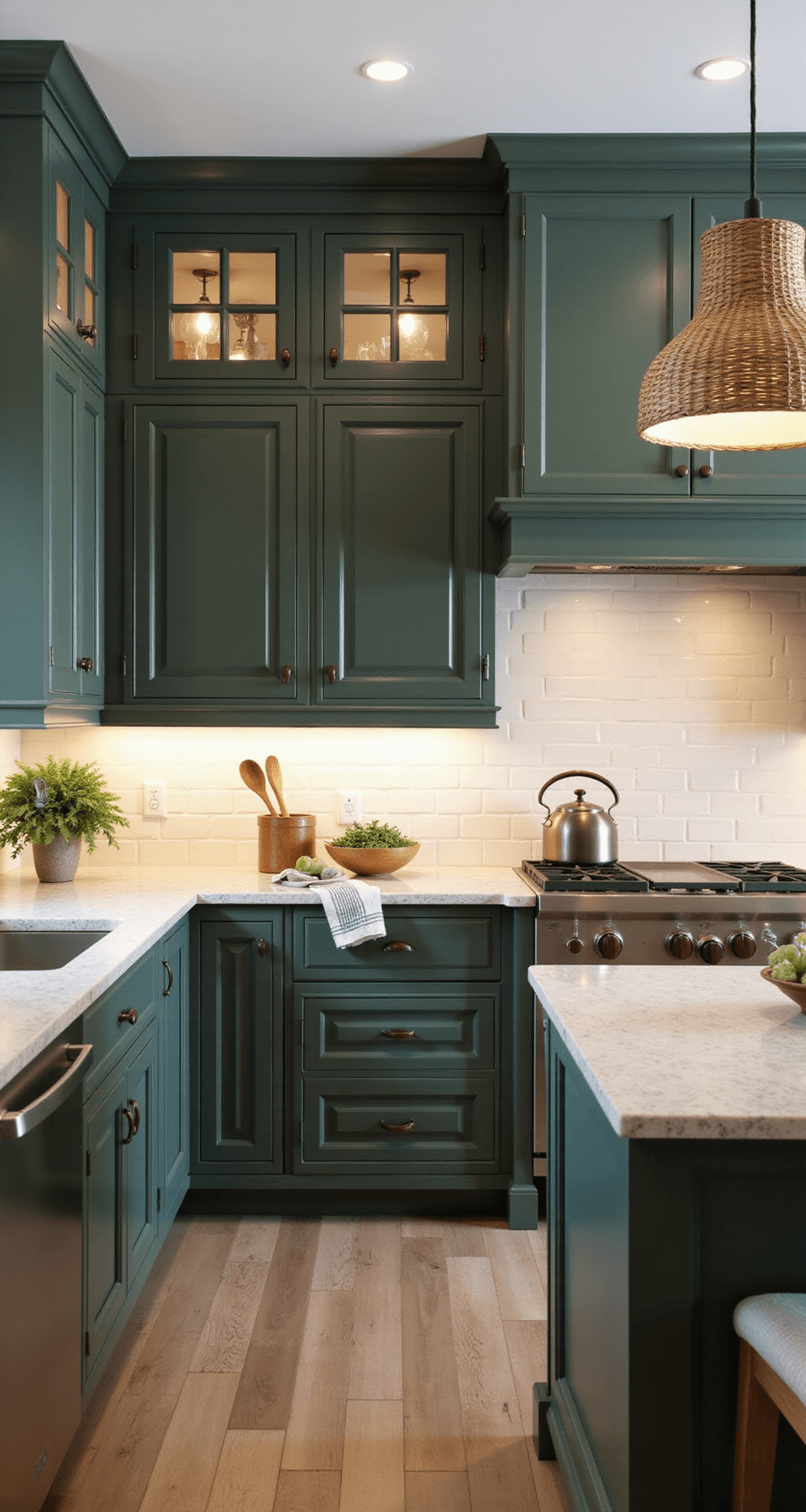 A transitional kitchen featuring deep pine green cabinets with cream subway tile walls, champagne bronze and polished nickel fixtures, quartzite countertops, and woven pendant lights, captured at waist height to showcase the working triangle, blending modern and traditional styles with professional lighting highlighting color variations.