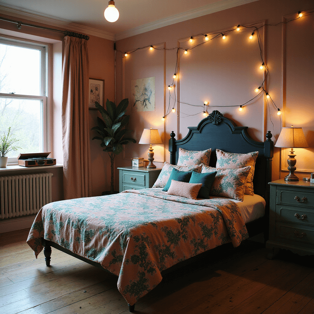 A cozy sleeping area combining vintage and modern styles, featuring a queen bed with Liberty prints and velvet in dusty rose and forest green, a matte black Victorian headboard, thrifted side tables in chalk paint, string lights, and a record player setup, all illuminated by natural light and Edison bulbs.