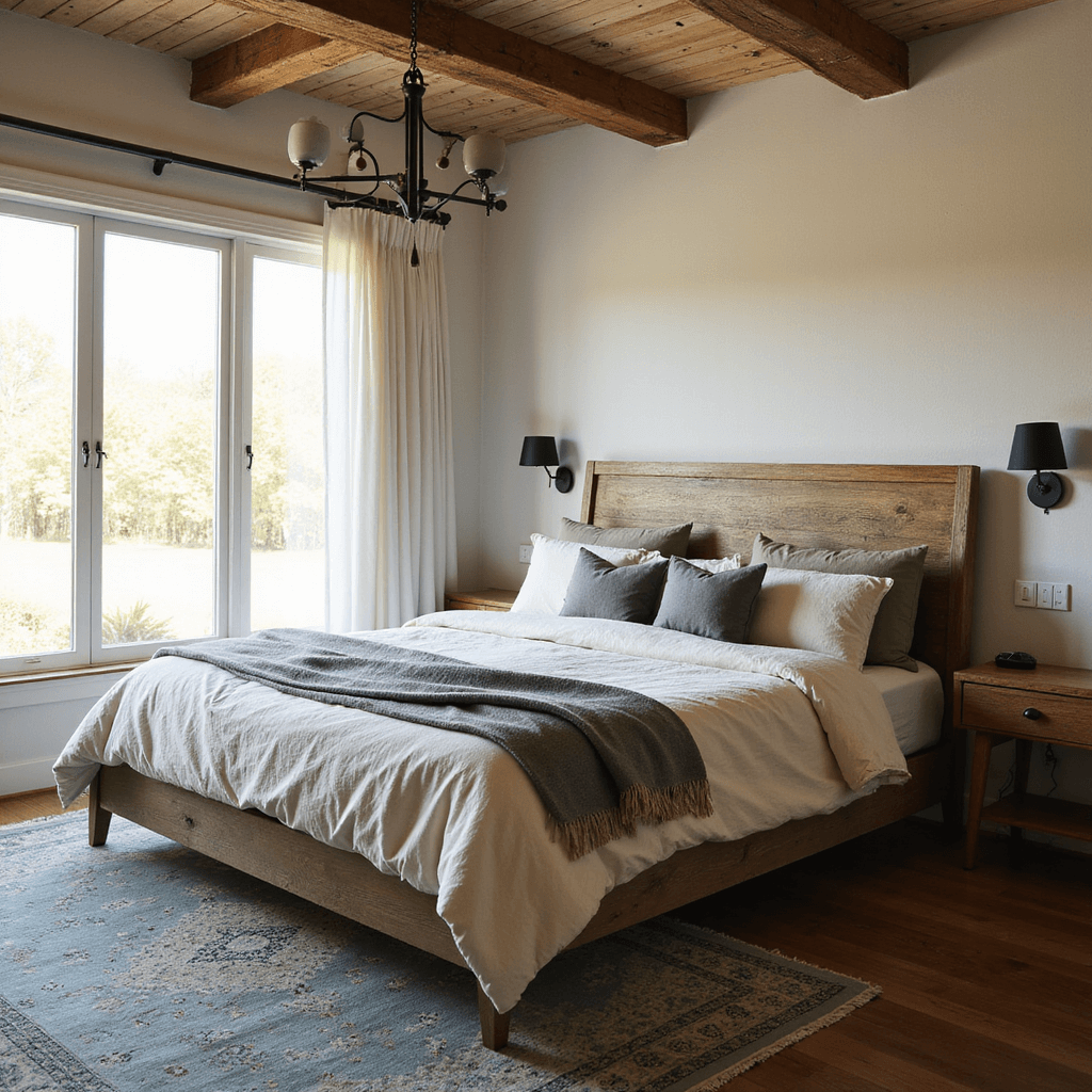 Cozy modern farmhouse bedroom with golden morning light streaming through white linen curtains, showcasing a king-size bed with a weathered oak headboard, layered bedding in cream, grey, and sage green, black iron wall sconces, a vintage Persian rug, and a black metal chandelier, captured from a low corner angle.