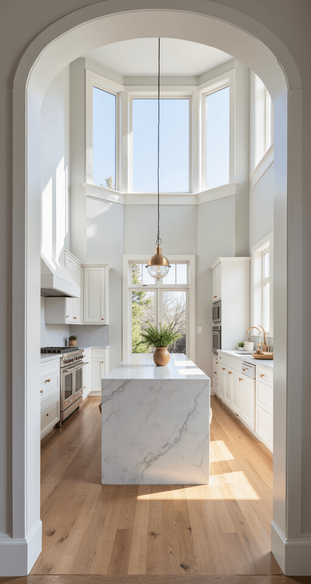 Bright, expansive kitchen with white shaker cabinets, wide-plank white oak flooring, and a marble waterfall island, illuminated by morning sunlight and featuring brass accents and minimal decor.