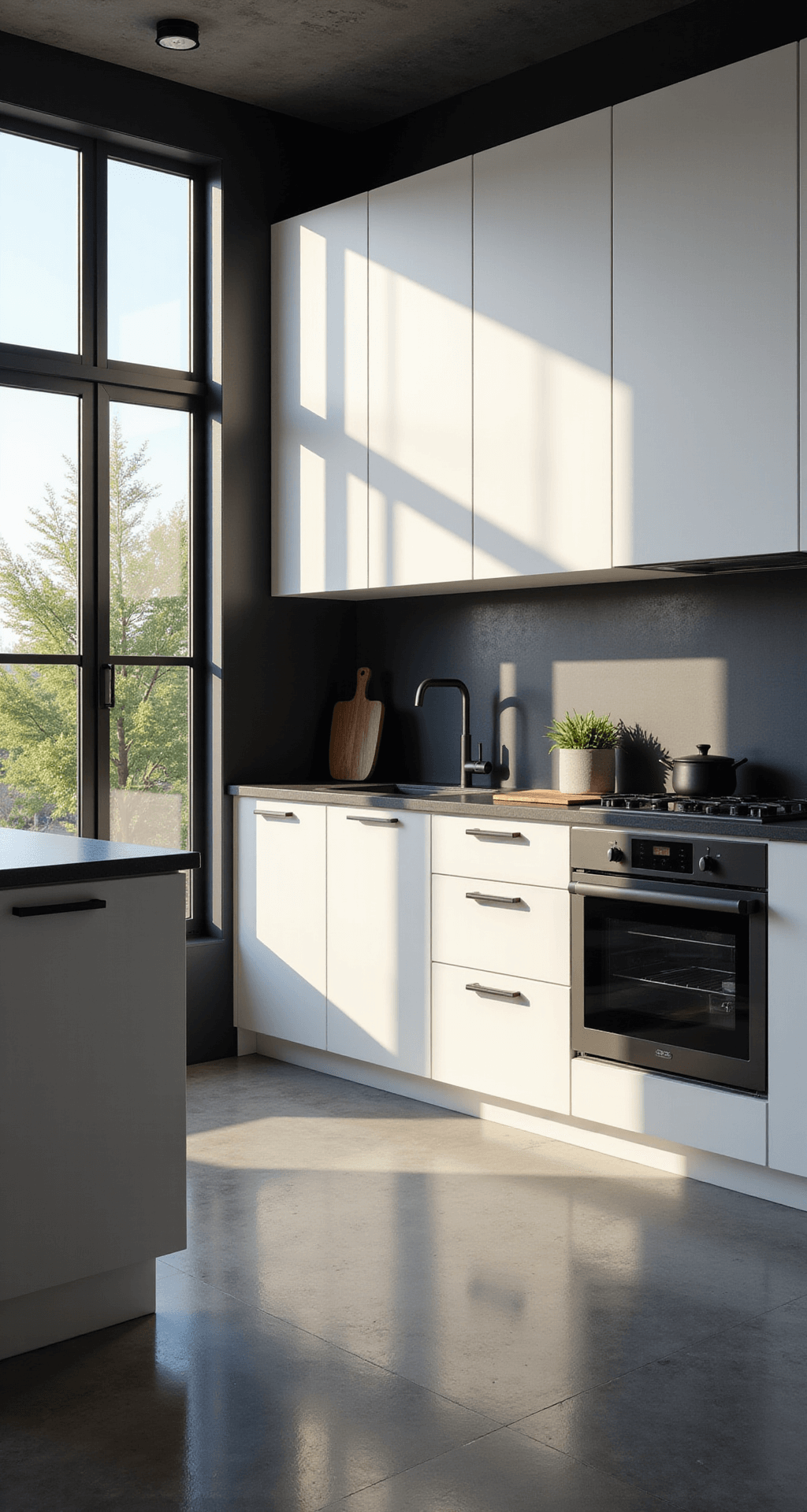 Modern minimalist kitchen featuring flat-panel white cabinets with integrated handles, matte black fixtures, and appliances; dramatic late afternoon light casts shadows through floor-to-ceiling windows, highlighting concrete floors and countertops, along with a glass backsplash and monochromatic accessories, captured from a corner angle to emphasize symmetry and leading lines.