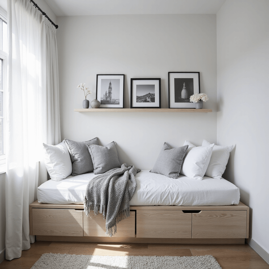 An intimate Scandinavian bedroom nook featuring a built-in daybed with white linens and wool throws, bathed in bright afternoon light filtering through sheer curtains. Minimalist white oak shelves display black and white photographs, emphasizing clean lines and natural textures in a monochromatic palette.