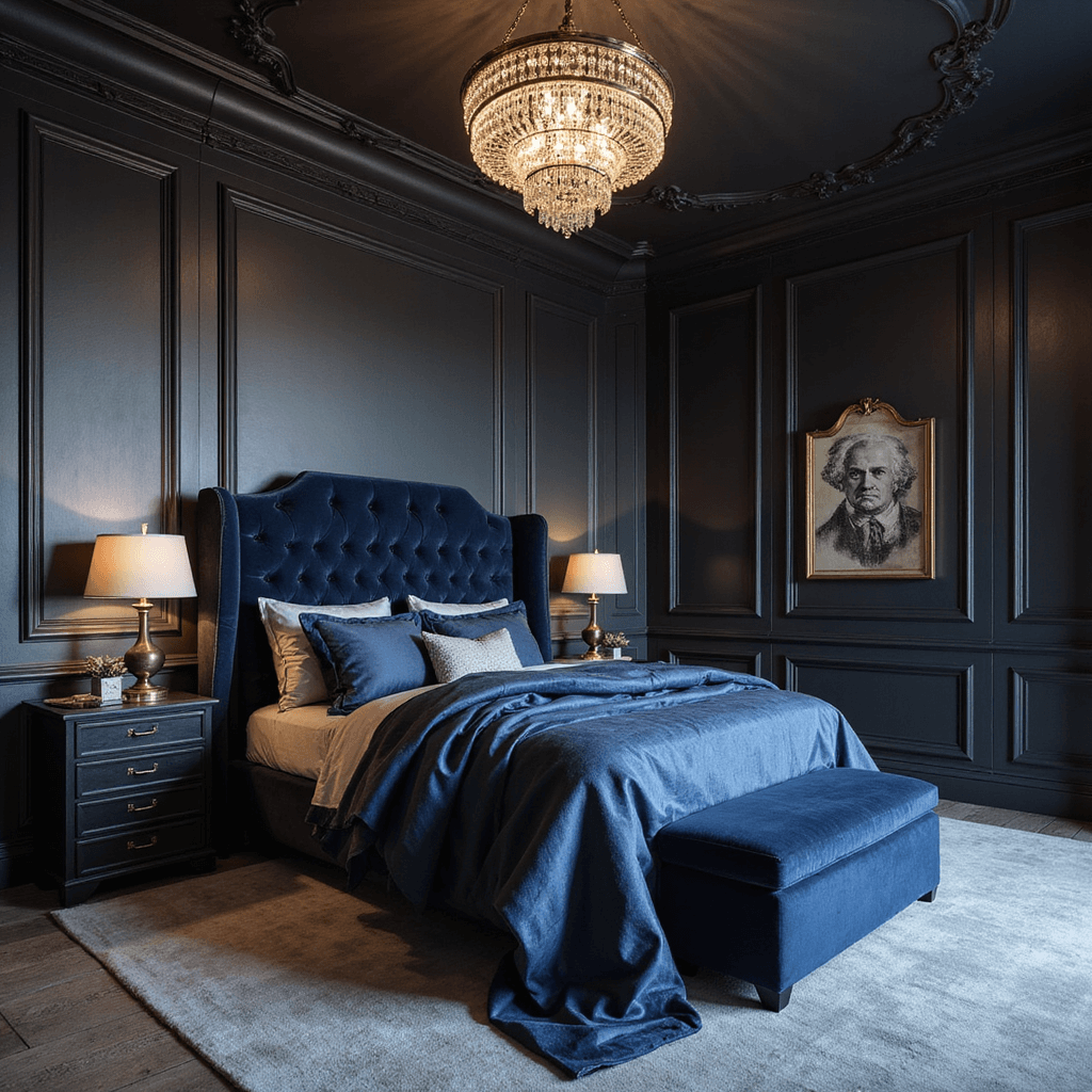A dramatic primary bedroom featuring a crystal chandelier, deep charcoal walls, and an oversized navy velvet bed dressed in luxury fabrics, captured at dusk from a high angle.