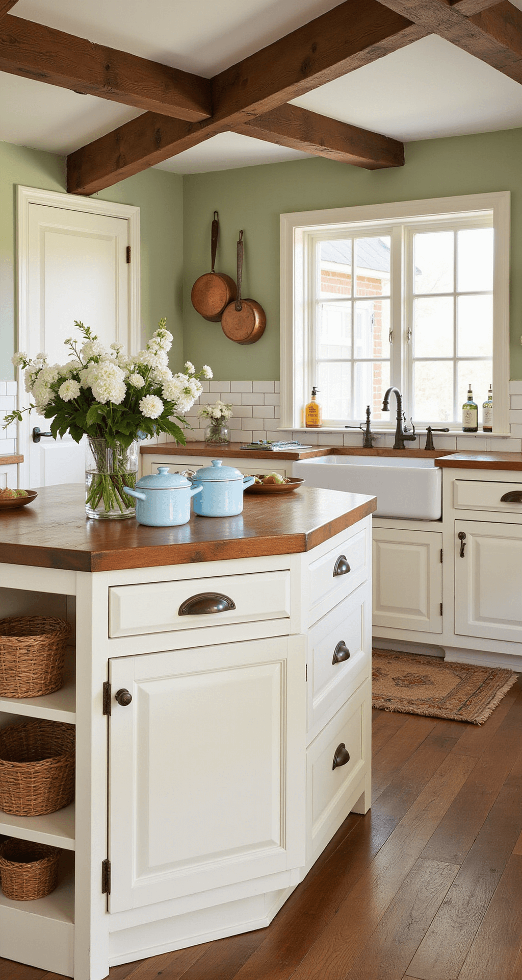 A cozy traditional farmhouse kitchen featuring raised-panel white cabinets, antique bronze hardware, and a butcher block island adorned with vintage enamelware and fresh flowers, complemented by a sage green accent wall and warm, natural lighting.