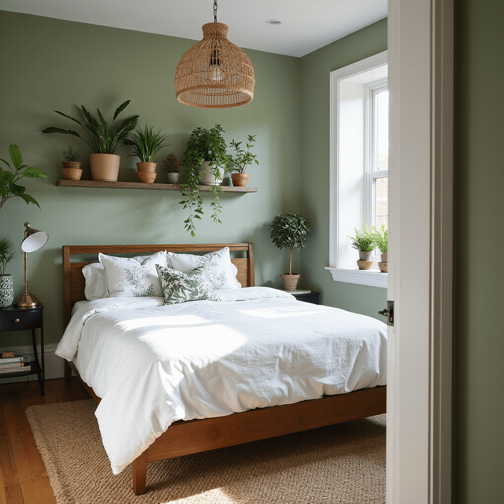 A cozy botanical-themed bedroom featuring sage green walls, a queen bed with white linens and botanical print pillows, a living gallery wall of potted plants, woven bamboo pendant lights, and a natural jute rug, all illuminated by soft afternoon light.