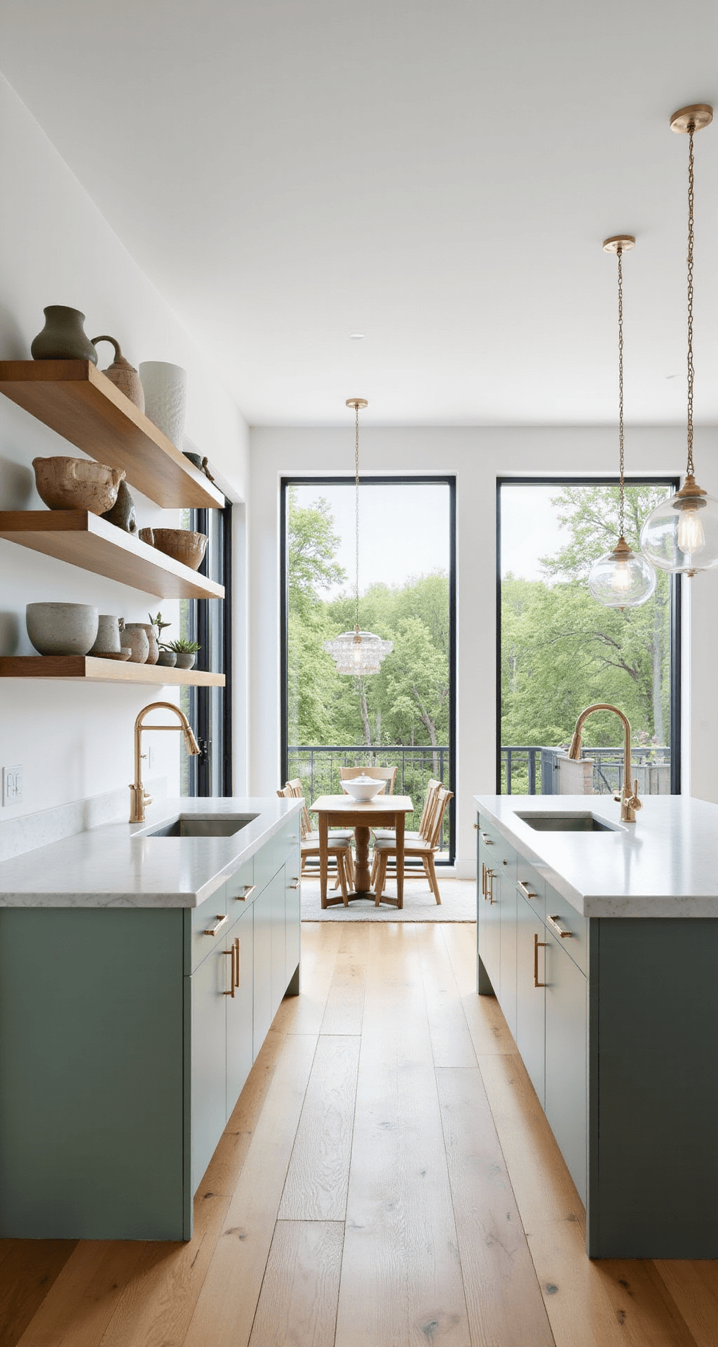 Contemporary open-concept kitchen featuring two-tone white and sage green cabinets, waterfall quartz countertops, and geometric pendant lights, captured from the dining area with ample natural light and artisanal pottery on display.