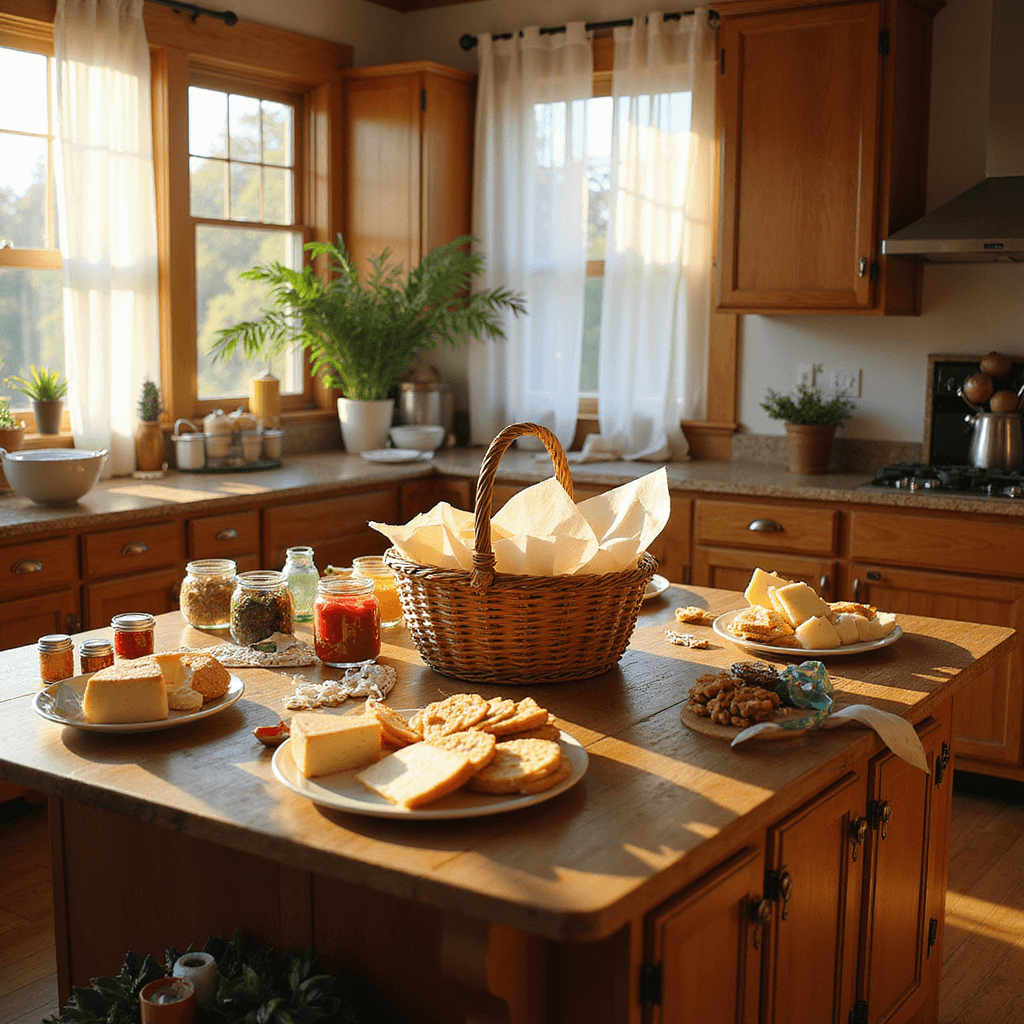 A sunlit kitchen with a large wooden island adorned with DIY gift basket supplies, including artisanal cheeses, gourmet crackers, and colorful jars, surrounded by warm cabinetry and vibrant spools of ribbon, creating a cozy atmosphere.