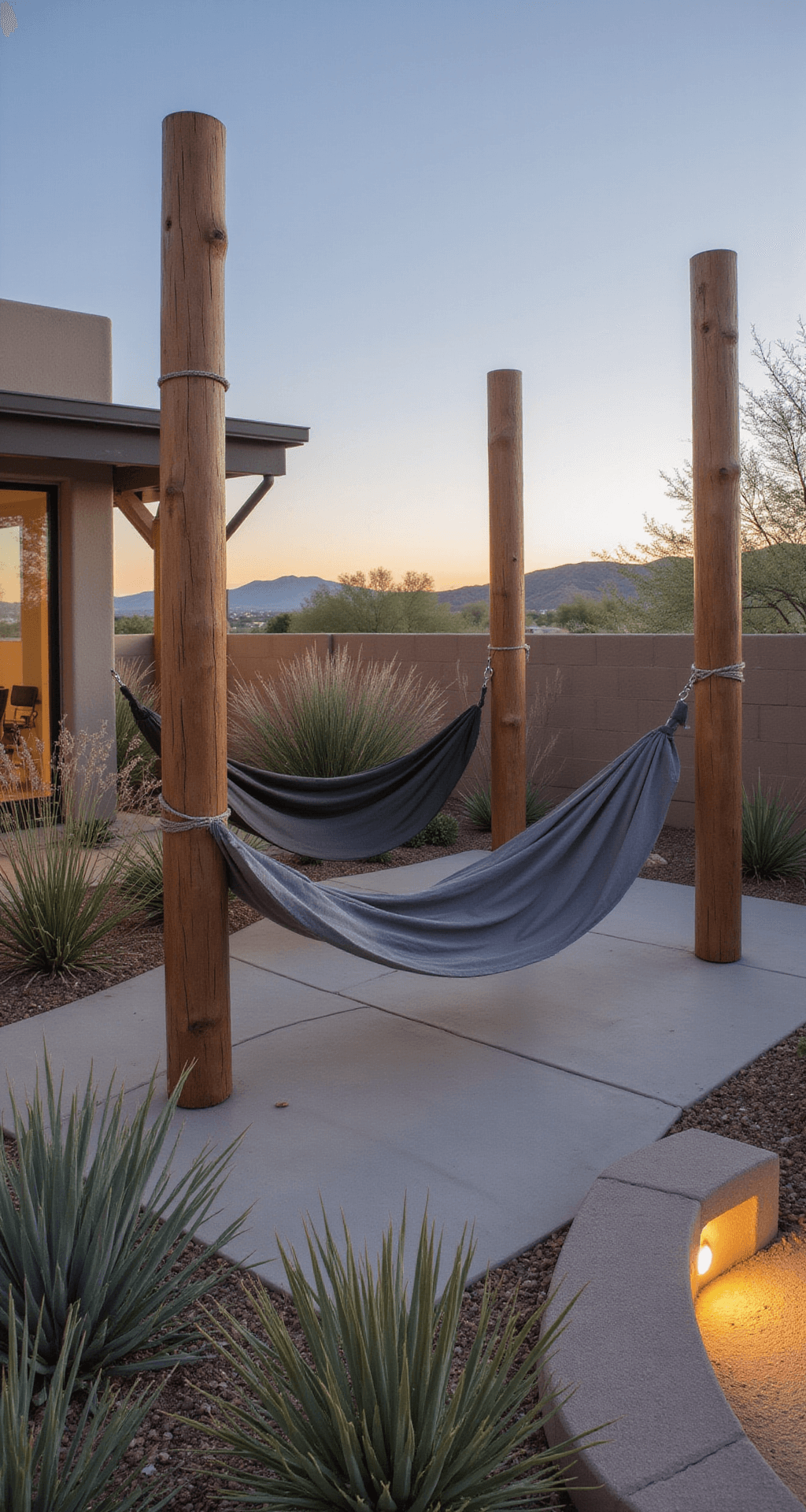 A contemporary infinity hammock installation at sunset, featuring three cedar posts in a triangular formation, suspended charcoal grey hammock, minimalist concrete patio with LED lighting, and desert-modern landscaping with tall grasses and geometric succulents.