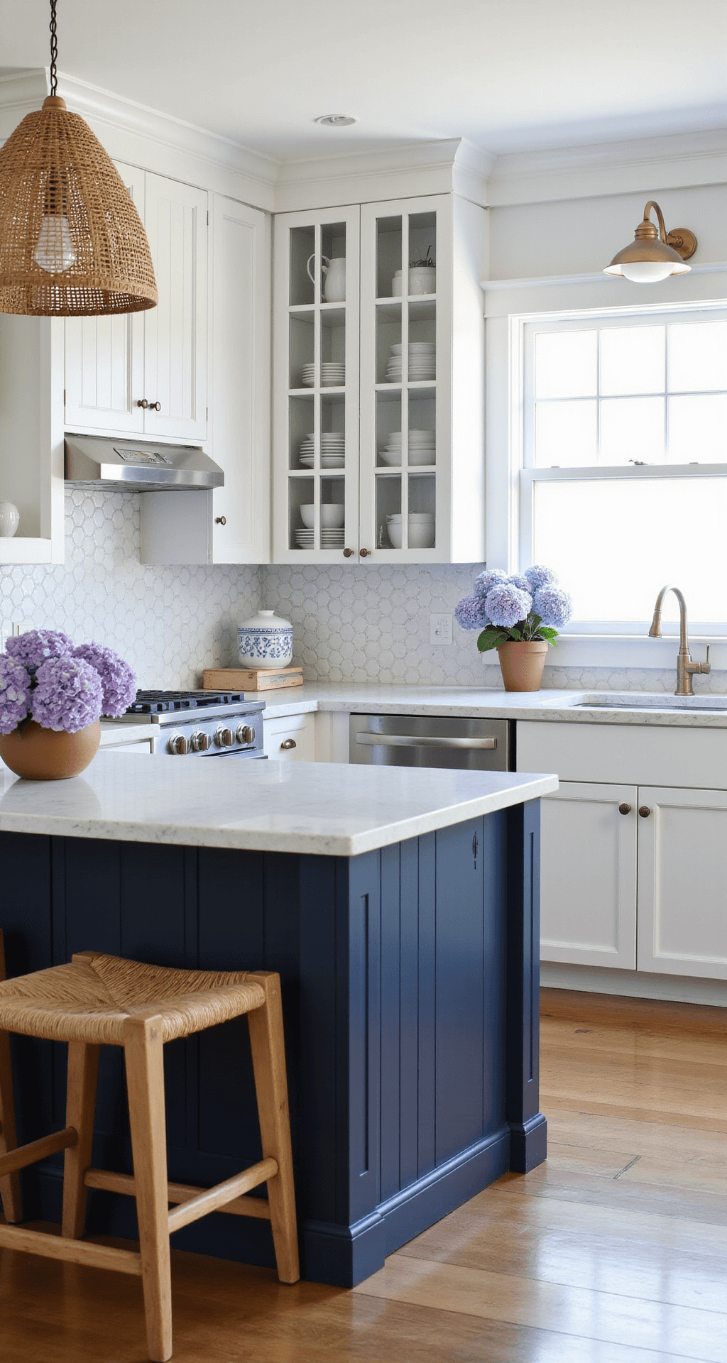 A coastal-inspired kitchen featuring white beadboard cabinets, a navy blue island, and glass-front upper cabinets showcasing white dinnerware, with a marble hexagon tile backsplash reflecting afternoon light. Rattan bar stools and woven light fixtures introduce natural textures, while fresh hydrangeas add a touch of color, all captured in a low-angle shot emphasizing vertical lines and bright, clean lighting.