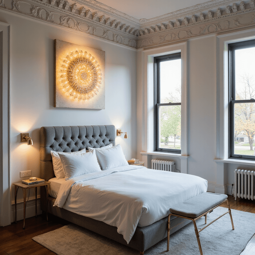 A spacious bedroom blending traditional and modern styles, featuring ornate crown molding, a tufted grey linen headboard, brass bedside tables, and contemporary LED art, all illuminated by warm late afternoon light.