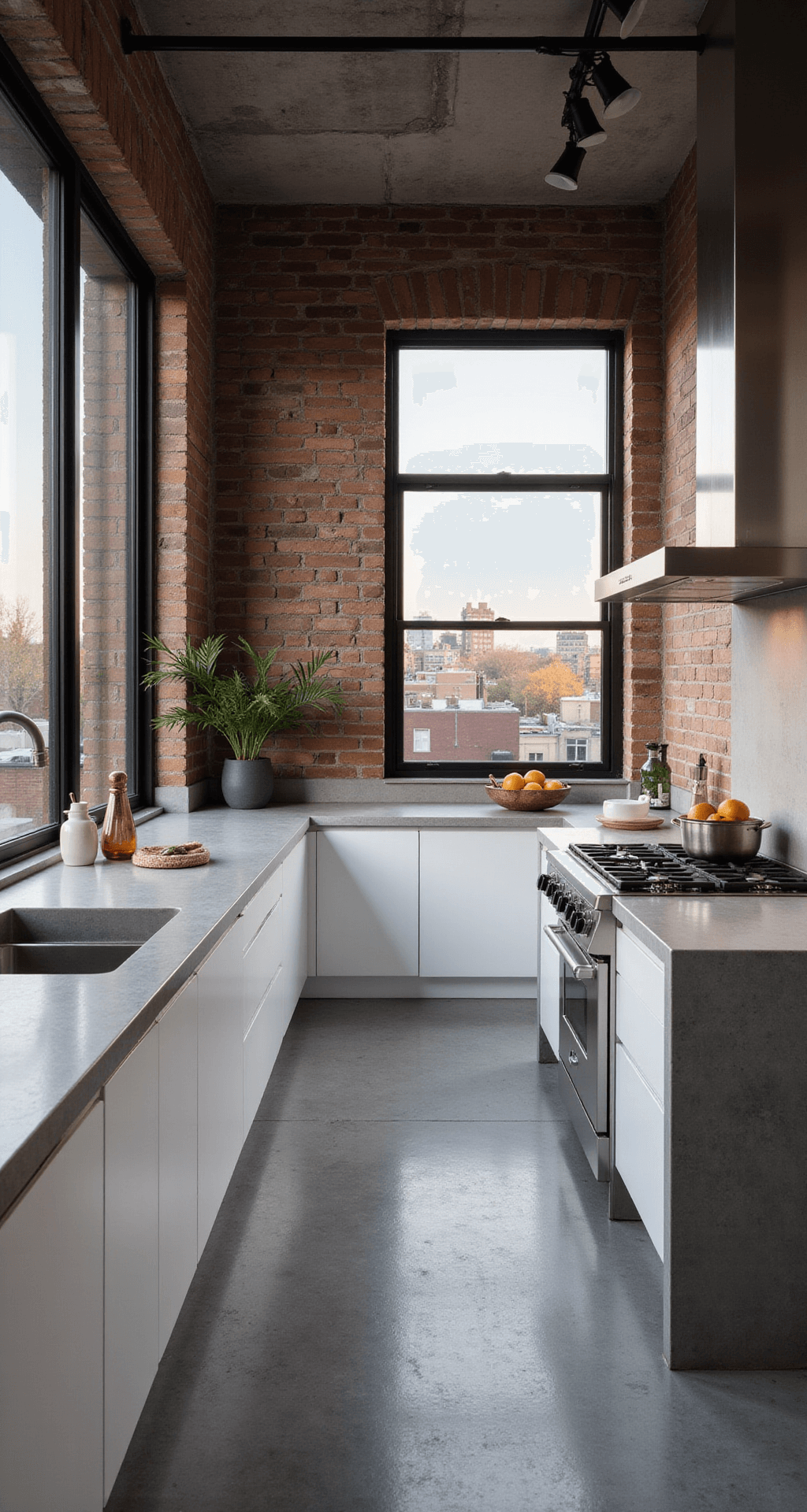 Urban loft kitchen with white cabinets and exposed brick wall, featuring stainless steel appliances, concrete countertops, and minimalist decor, under dramatic evening lighting with city views through industrial black steel windows.