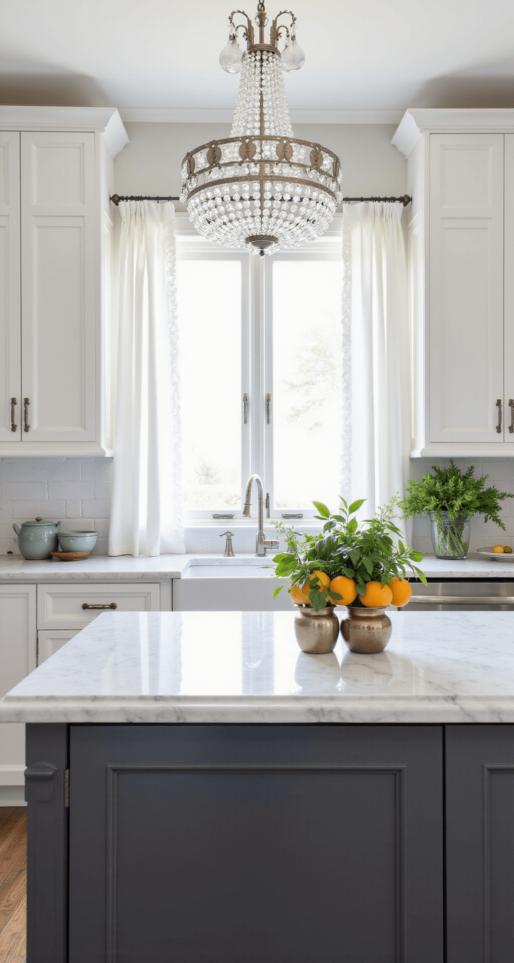 Transitional kitchen featuring white inset cabinets, a charcoal island with a marble top, and a crystal chandelier above. Polished nickel hardware and a bridge faucet complement the design, with white cafe curtains filtering gentle morning light. Fresh citrus and herbs in vintage containers add touches of green to the white and gray palette, all captured in a symmetrical layout with soft, diffused natural lighting for an elegant atmosphere.