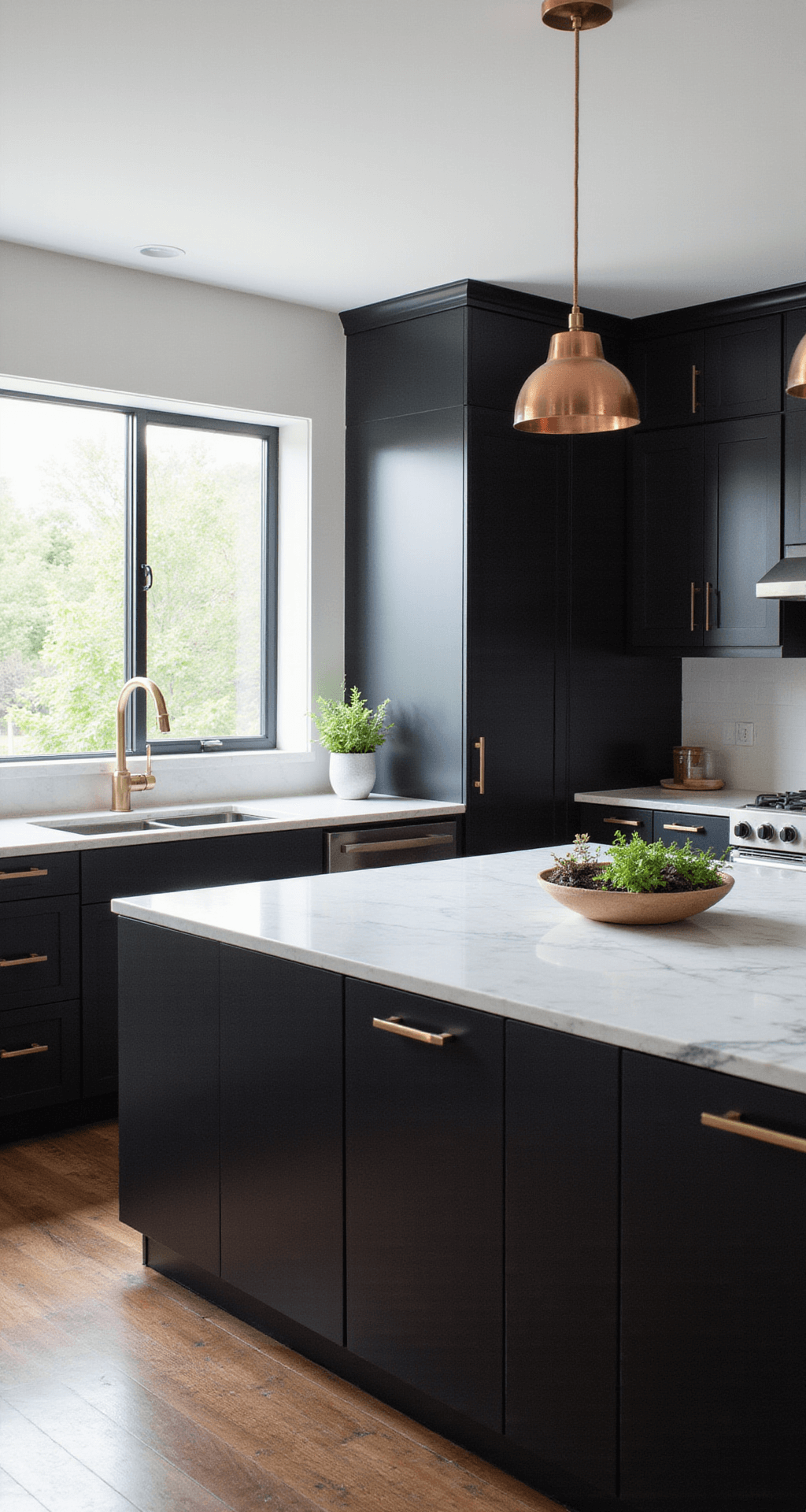 A spacious modern matte black kitchen featuring floor-to-ceiling cabinets, white quartz waterfall countertops, and a black veined marble island, illuminated by morning light through large windows, with brushed brass hardware and minimal decor.