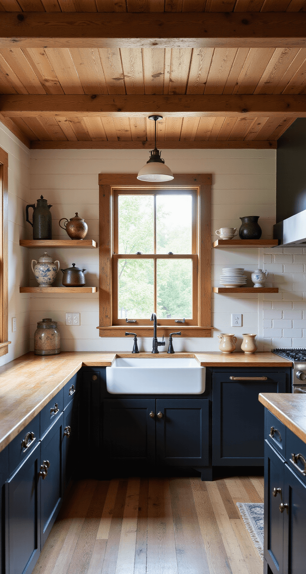 Intimate farmhouse kitchen featuring black shaker cabinets, butcher block counters, and a white ceramic sink, with exposed beams and shiplap ceiling illuminated by golden afternoon light.