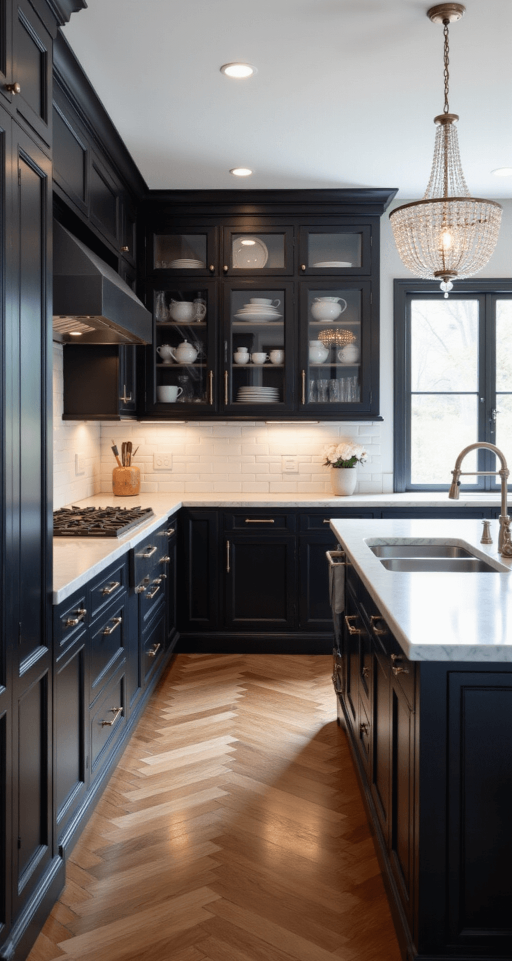 Elegant black kitchen featuring crown molding, wainscoting, black raised-panel cabinets, white marble counters, and herringbone hardwood floors, illuminated by natural light and a crystal chandelier.