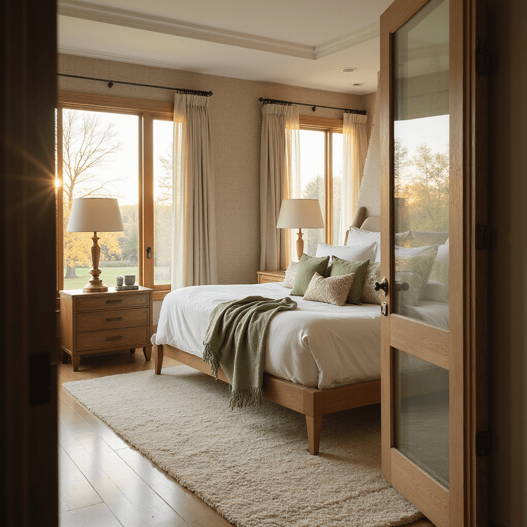 Luxurious master bedroom with a king bed, walnut nightstands, and symmetrical brass lamps, featuring crisp white and sage green linens, an ivory area rug, and textured grasscloth wallpaper, all bathed in golden hour light.