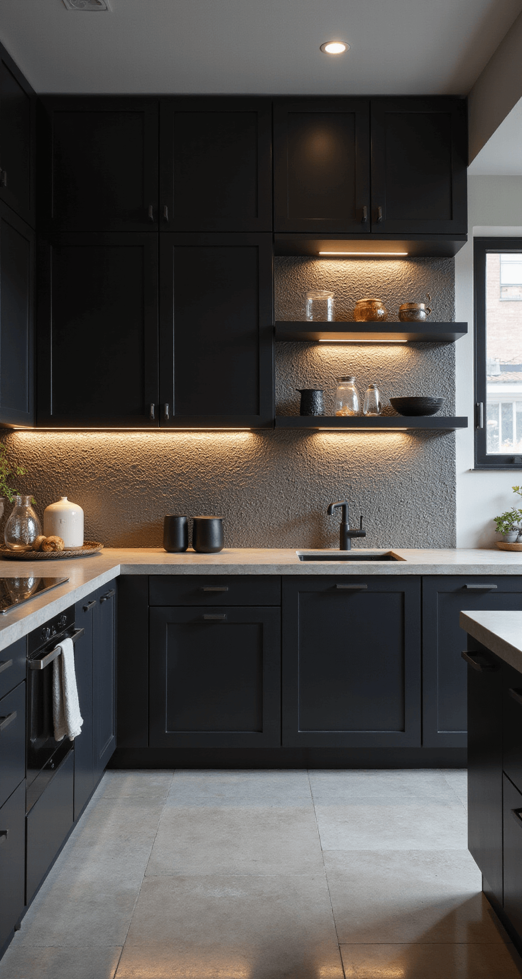 Contemporary mixed-finish kitchen with matte and glossy black cabinets, concrete countertops, metallic mosaic backsplash, and large porcelain floor tiles, captured in dusk lighting from a diagonal angle to emphasize depth and texture.