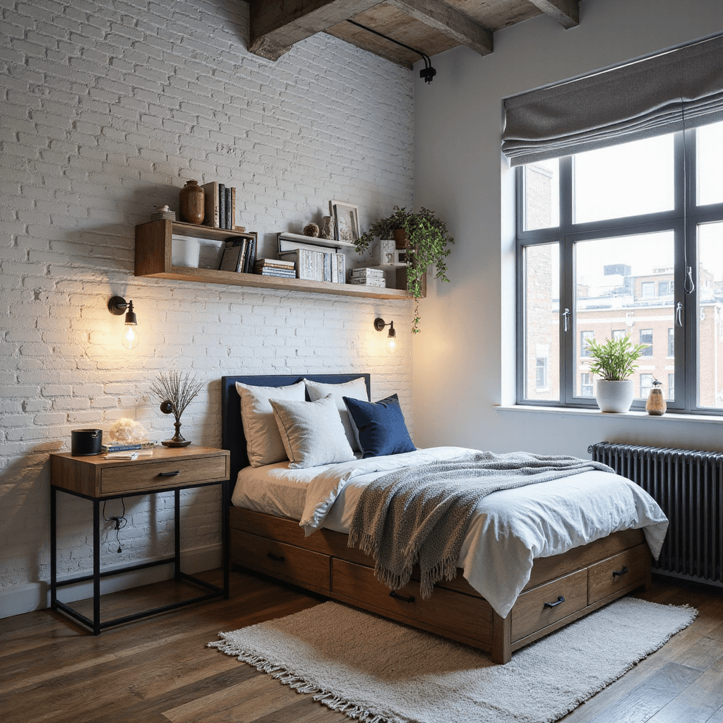 A cozy urban bedroom featuring a twin bed in the corner with built-in storage drawers, white-painted brick walls adorned with floating shelves and sconces, and a multi-functional desk that serves as a nightstand, all bathed in cool morning light filtering through roman shades, styled in a gray, white, and navy color palette with industrial-modern touches and soft textures.