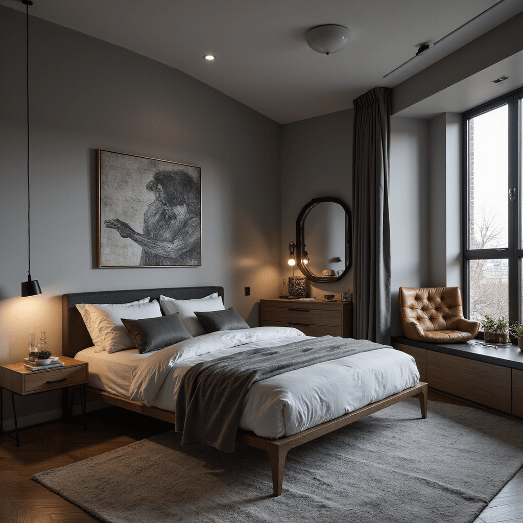 A contemporary 12x14ft bedroom photographed at dusk, featuring a queen bed with a minimalist platform frame, a reading nook with a leather chair and brass lamp, and a clean-lined dresser that subtly divides the space, all in a warm gray monochromatic scheme with black accents.