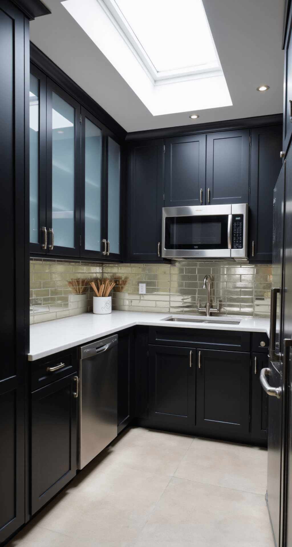 A modern minimalist 10x12ft black kitchen featuring floor-to-ceiling cabinets, a skylight for bright midday light, a mirrored backsplash, light quartz counters, stainless steel appliances, and clever storage solutions.