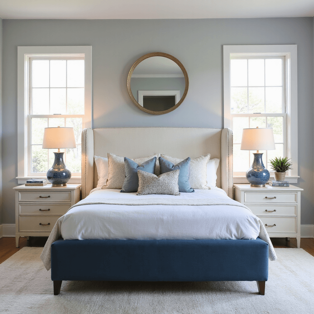 A symmetrical bedroom featuring a navy bed frame with ivory upholstered nightstands on either side, twin ceramic lamps providing a soft glow, and a large round mirror above the headboard reflecting natural light, all within a coastal-inspired color palette of blues, creams, and soft metallics.