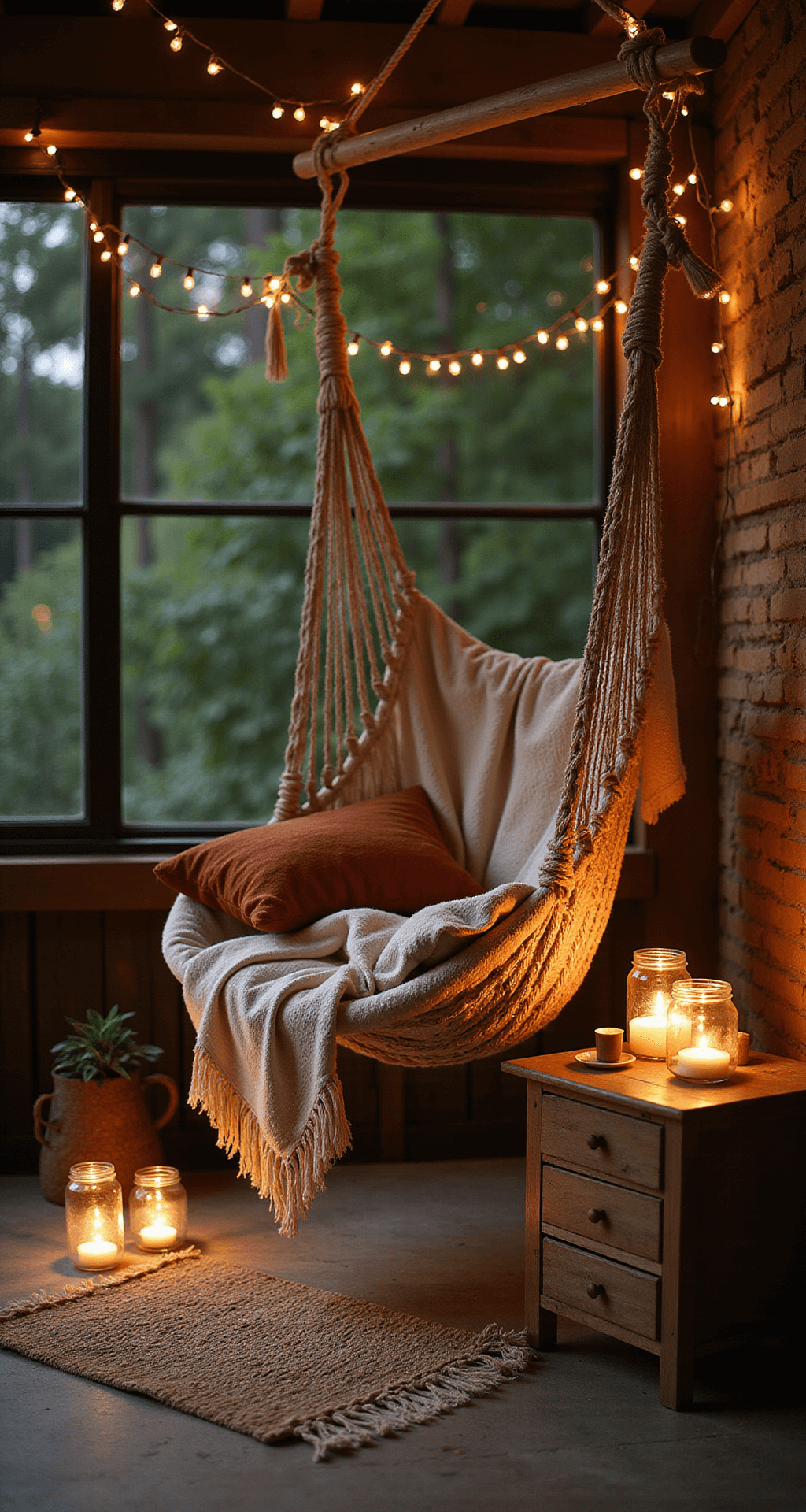 Intimate evening scene featuring a macramé hammock suspended from a rustic wooden beam, illuminated by mason jar lanterns and copper string lights. A vintage wooden side table holds flickering candles, while soft throws in cream and rust tones enhance the cozy atmosphere.