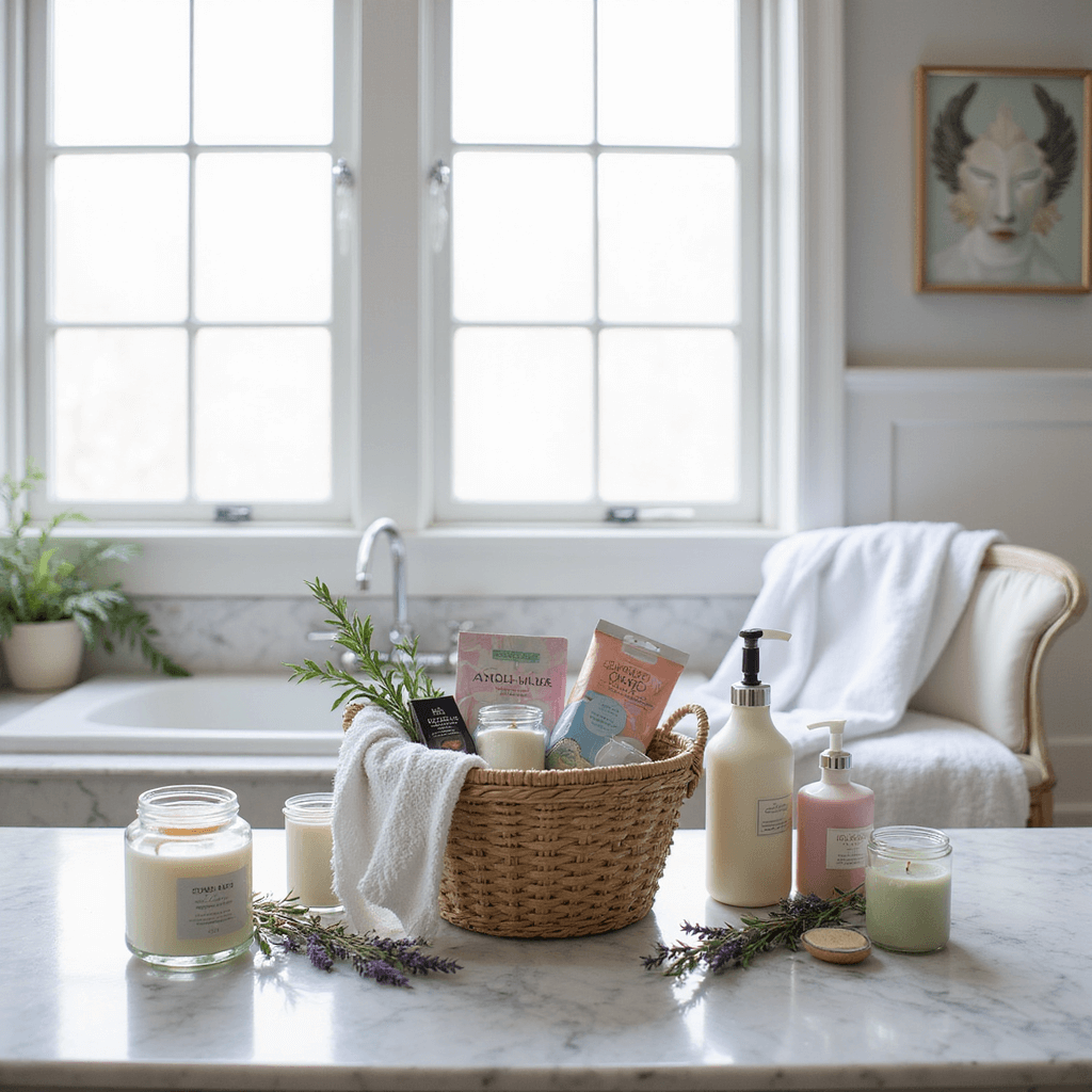 A tranquil master bathroom set up as a DIY spa basket workshop, featuring a large marble countertop with an array of pampering products, including scented candles, face masks, and luxurious lotions, illuminated by soft, diffused light; a plush white robe hangs nearby, and a woven basket is being filled with spa items surrounded by lavender and eucalyptus.