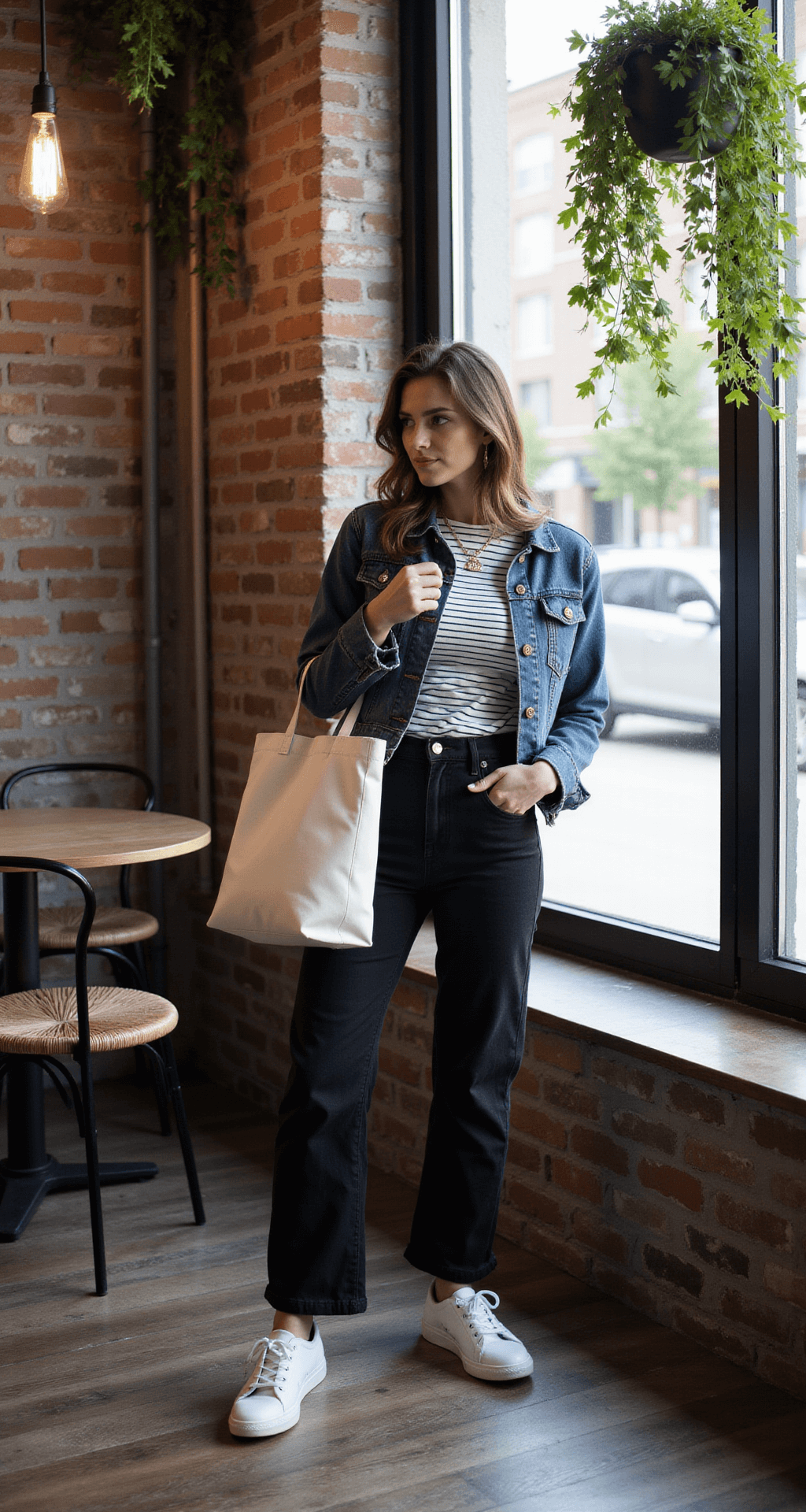 Candid shot of a model in high-waisted black jeans, a striped boat neck tee, and a classic denim jacket, captured through a café window with morning light creating shadows, surrounded by exposed brick and hanging plants.