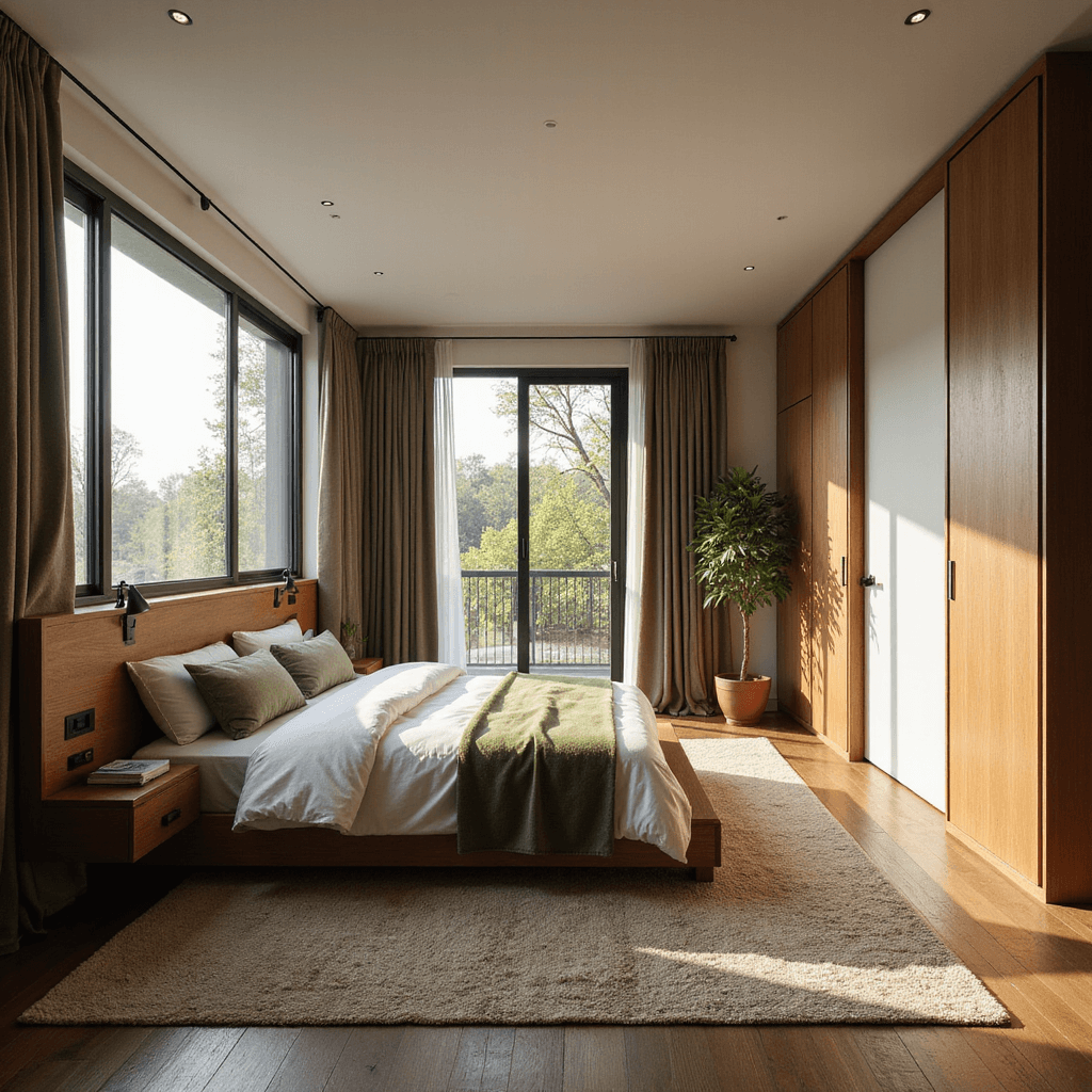 A stylish, narrow bedroom with a queen bed along the short wall and built-in headboard storage, featuring floor-to-ceiling drapes, a custom wardrobe system for vertical storage, and modern organic decor in warm woods and earthy greens, illuminated by late afternoon light creating dramatic shadows.