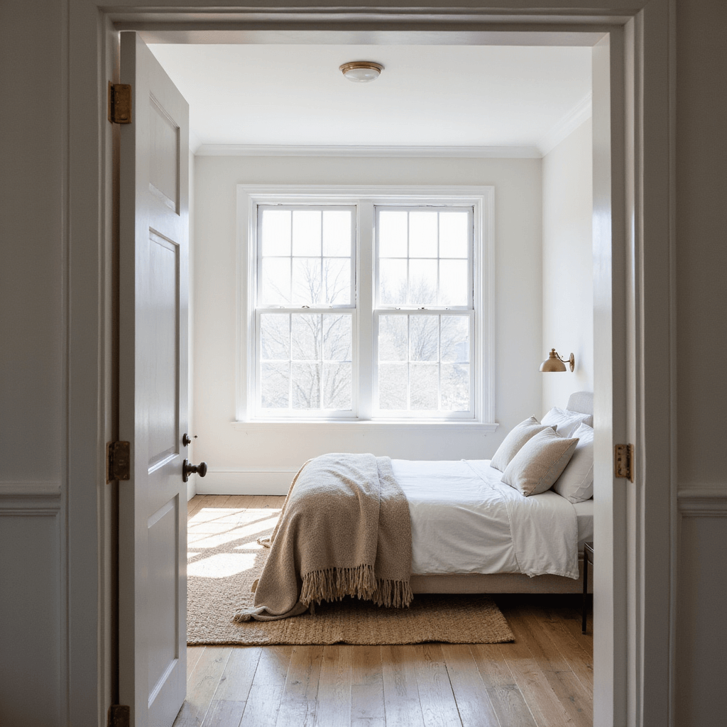 A serene primary bedroom featuring a king-sized bed with white linen bedding, oatmeal-toned throws, and floor-to-ceiling windows letting in morning light, set against warm white walls and a natural jute rug, styled in a modern organic design with Scandinavian influences.