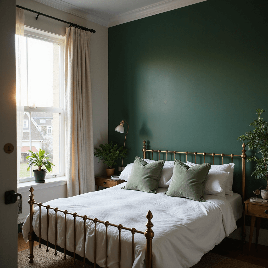 Intimate bedroom with a dramatic Calke Green accent wall, vintage brass bed frame, crisp white linens, sage velvet pillows, and greenery; captured in warm afternoon light through sheer curtains, emphasizing height and architectural details.