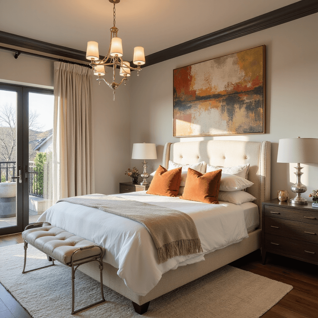 Sophisticated primary suite featuring a California king bed with a cream bouclé headboard, accented by terracotta pillows, surrounded by oversized abstract art in earth tones, illuminated by a modern chandelier in warm lighting.