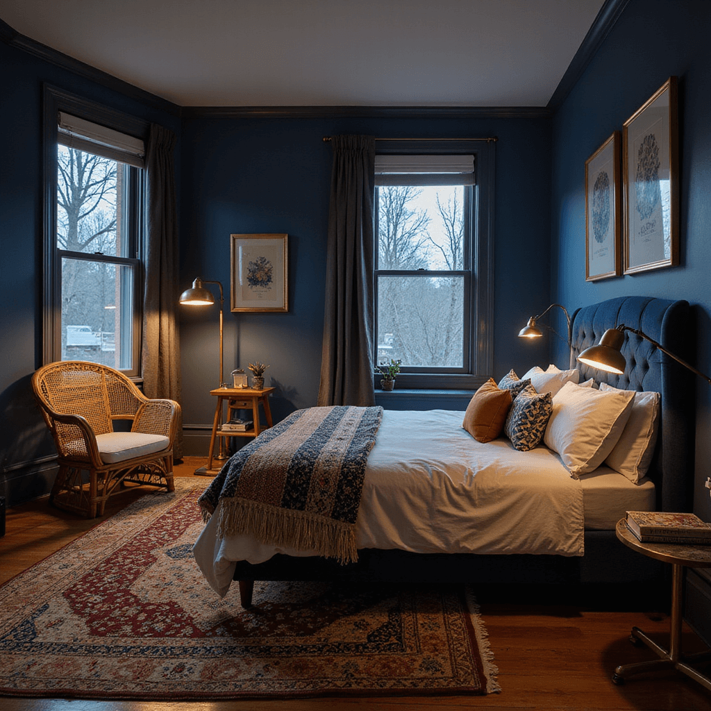 Cozy bedroom with Pavilion Blue walls, featuring a queen bed with a navy velvet headboard, white linens, and geometric throws, a vintage Persian rug, and a rattan accent chair, illuminated by a brass floor lamp at dusk.