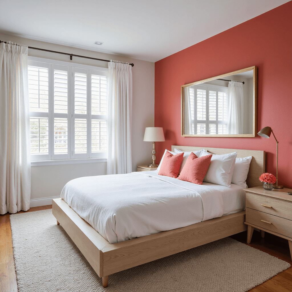 A bright and airy bedroom featuring a BEHR Ocean Abyss accent wall behind a modern light oak platform bed dressed in white linens, with coral and brass accents. Plantation shutters allow natural light to stream in, while an oversized mirror reflects the light. Textured white curtains frame the windows, adding to the clean, contemporary styling and dramatic color contrast. The photo is taken from bed height, capturing the full width of the room.