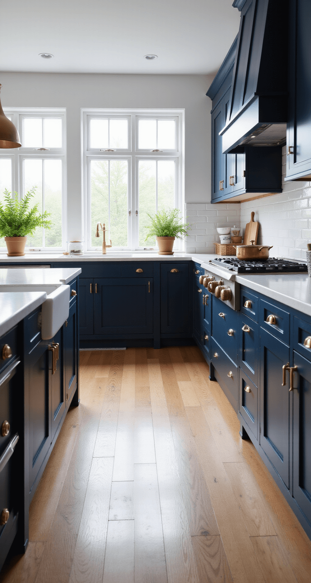 A contemporary kitchen featuring navy blue shaker cabinets, white quartz countertops, and a large island with a waterfall edge, all illuminated by morning light from floor-to-ceiling windows, with warm oak floors and stylish accents like copper cookware and fresh herbs.