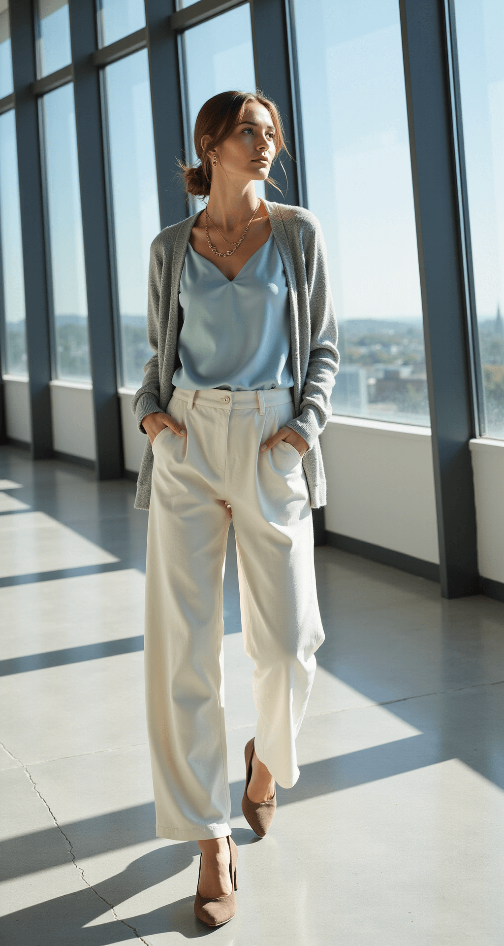 Summer Conference Style: Look Professional While Staying Cool A female figure in a modern office wearing cream wide-leg trousers, a powder blue silk top, and a light grey cardigan, stands gracefully by floor-to-ceiling windows, with geometric shadows cast by mid-morning light. She sports taupe suede block heel shoes and a sleek low bun, with minimal gold jewelry reflecting the light, all captured from a low angle to highlight her sophisticated silhouette.