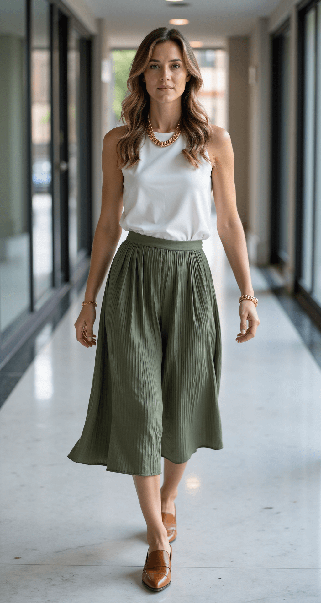 Summer Conference Style: Look Professional While Staying Cool A confident woman walks through an airy conference center lobby, wearing a sage green pleated midi skirt, a white sleeveless blouse, and cognac leather loafers, with a statement gold chain necklace. Marble floors reflect natural light, with glass walls showcasing an urban backdrop, captured with a DSLR in shallow depth of field.