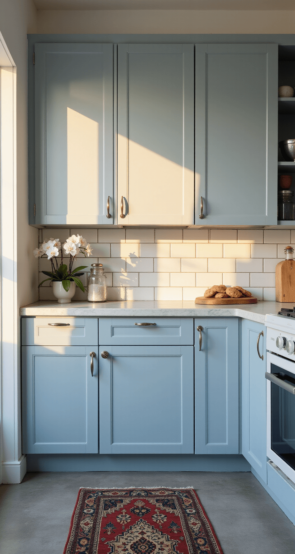 A cozy 10x12ft kitchen at golden hour featuring powder blue flat-panel cabinets, marble countertops, and a white subway tile backsplash. The light grey porcelain floors are accented by a vintage Persian runner, while glass canisters, a professional stand mixer, and blooming white orchids add a touch of warmth.