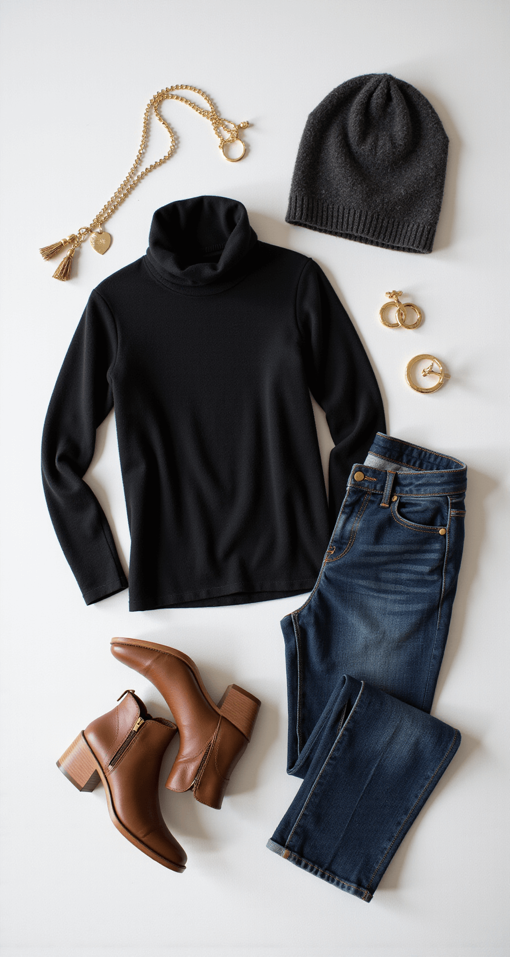 A clean photography studio featuring a white cyclorama background, showcasing a flat lay arrangement of a black turtleneck, dark denim, leather ankle boots, a wool beanie, and gold-tone accessories, all styled together in soft natural light.