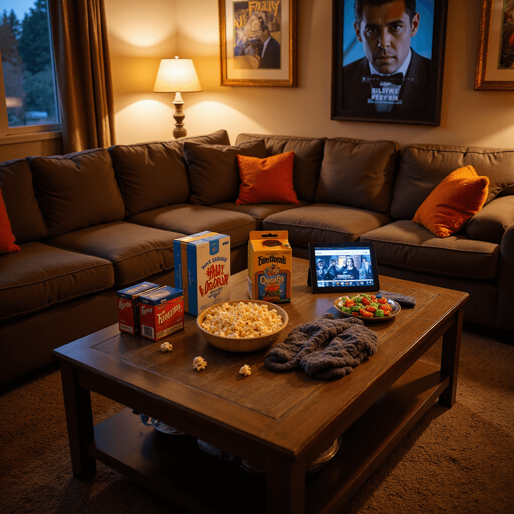 A cozy living room at twilight, with a coffee table adorned with gourmet popcorn, movie candies, fuzzy socks, and a stylish popcorn bowl, all under warm, low-key lighting. An overhead shot captures the inviting sectional sofa and classic movie posters on the walls, enhancing the cinema atmosphere.
