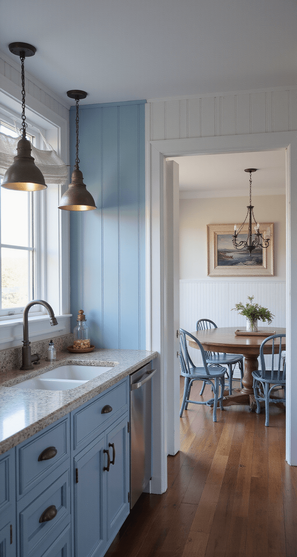 Coastal-inspired kitchen with light blue beadboard cabinets and white crown molding, featuring honed salt-and-pepper granite countertops and a white ship lap accent wall, illuminated by soft ambient lighting from industrial pendants, styled with white ironstone, driftwood accents, and blue-and-white chinoiserie.