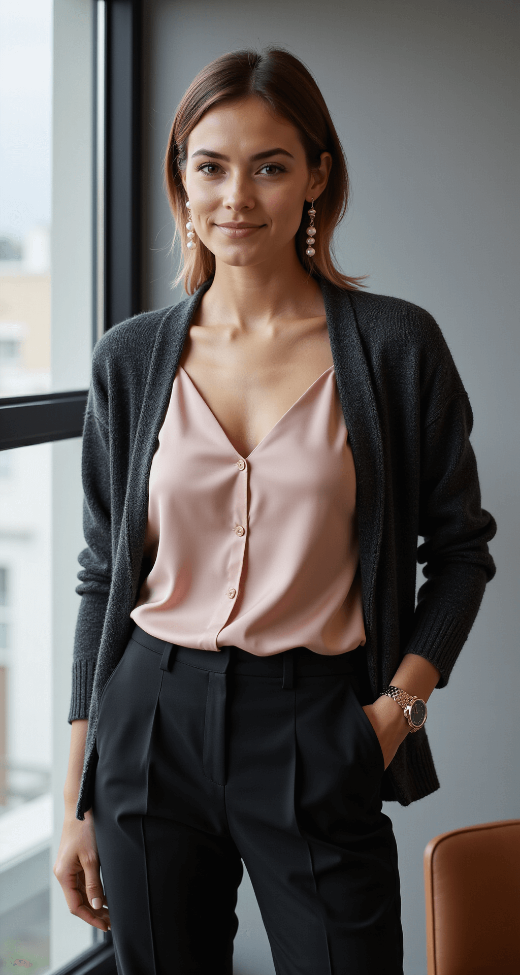 Summer Conference Style: Look Professional While Staying Cool A close-up of a chic conference room setting featuring a model in a blush pink silk camisole layered under a charcoal cardigan, styled with high-waisted black trousers. Pearl drop earrings and a delicate watch enhance her sophisticated look, with natural light highlighting the textures of the fabrics.