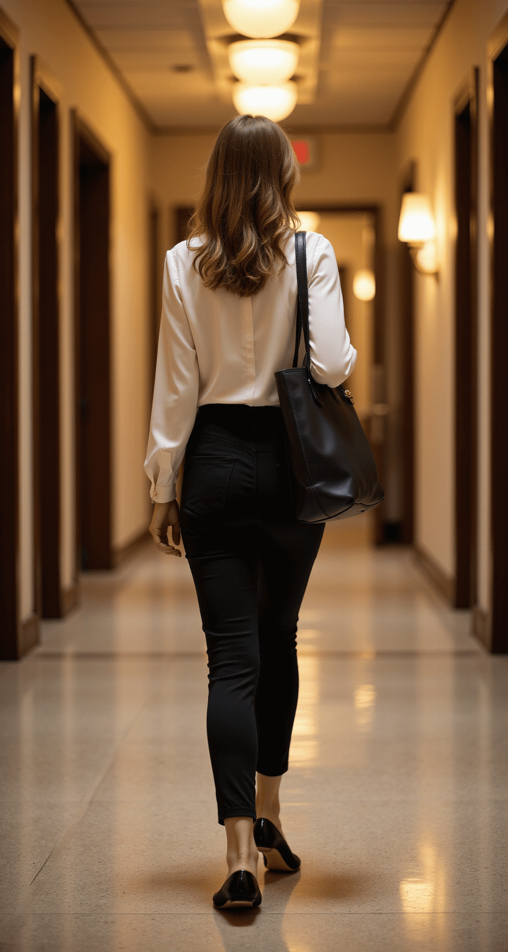 Summer Conference Style: Look Professional While Staying Cool A woman walks purposefully down an upscale hotel corridor in evening light, wearing black memory foam ballet flats, slim-fit ankle pants, and a white silk blouse, with a structured leather tote on her shoulder. The scene conveys a professional atmosphere with warm overhead lighting, captured from behind with slight motion blur.