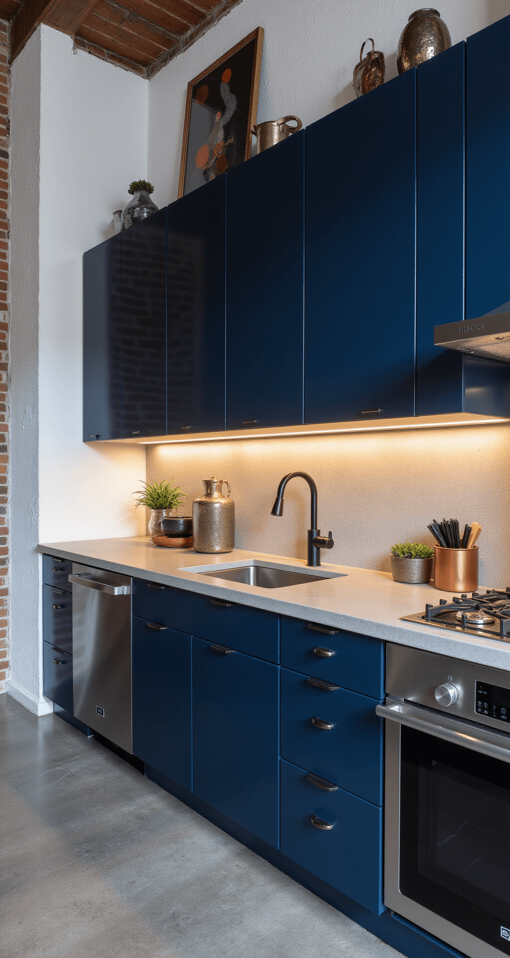 A dramatic night shot of an urban loft kitchen featuring deep midnight blue high-gloss cabinets, concrete countertops, and stainless steel appliances, with an exposed white brick wall. The image captures the height of the ceiling and highlights LED under-cabinet lighting casting shadows, complemented by modern art and geometric sculptures.