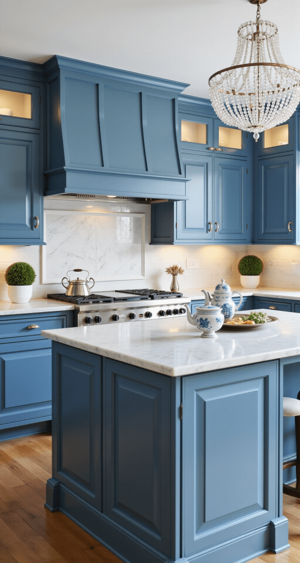 Traditional kitchen featuring French blue raised-panel cabinets with antique silver hardware, Calacatta marble counters and backsplash, a crystal chandelier over the island, and styled with a silver tea service, topiaries, and classic blue-and-white porcelain, all illuminated by soft morning light.