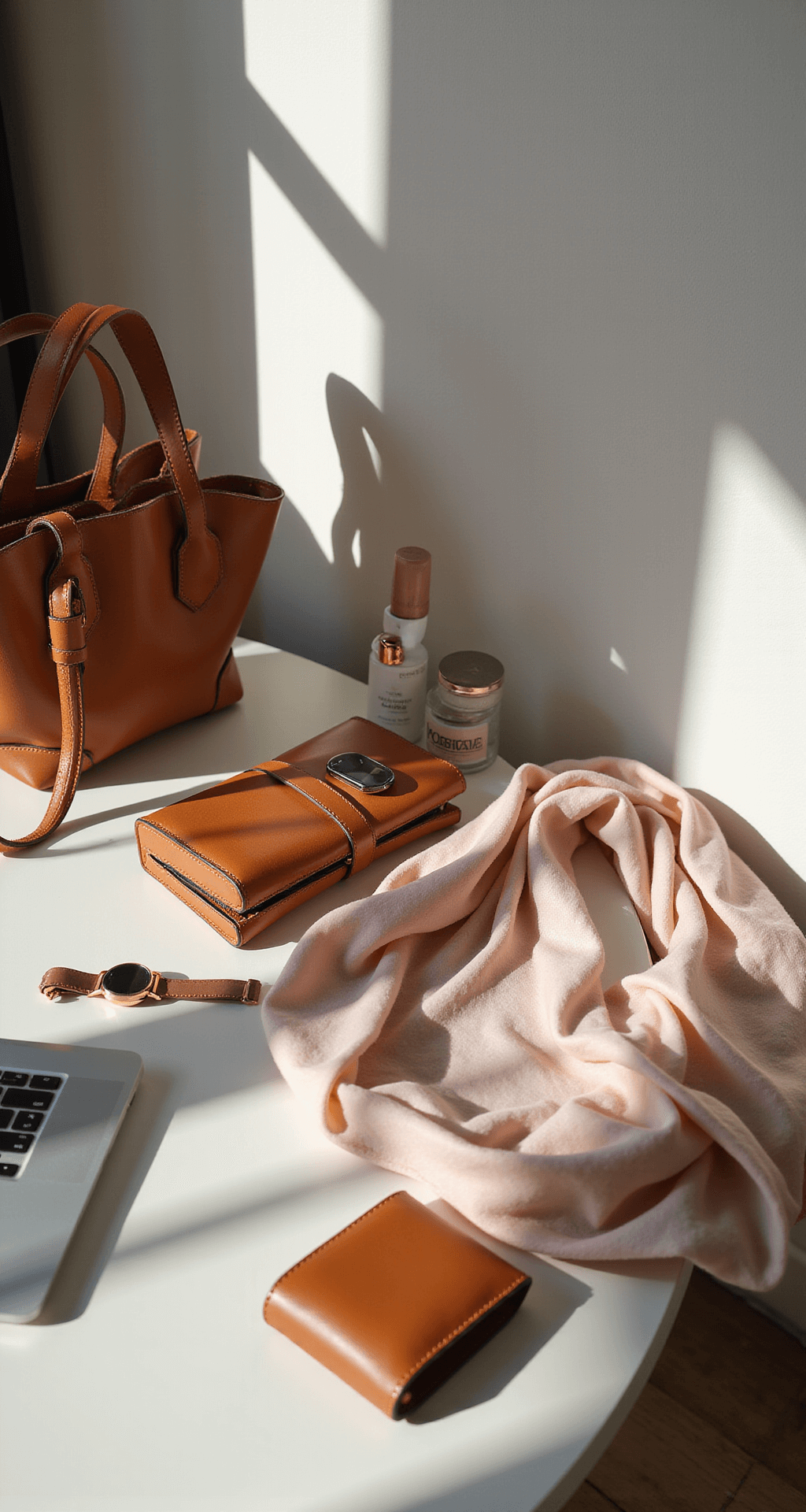Summer Conference Style: Look Professional While Staying Cool A bright office scene featuring a professional woman organizing her conference accessories on a modern desk, including a cognac leather tote, sleek card holder, minimalist watch, and a pastel silk scarf, with light makeup products arranged nearby, captured from above in natural daylight highlighting textures and details.